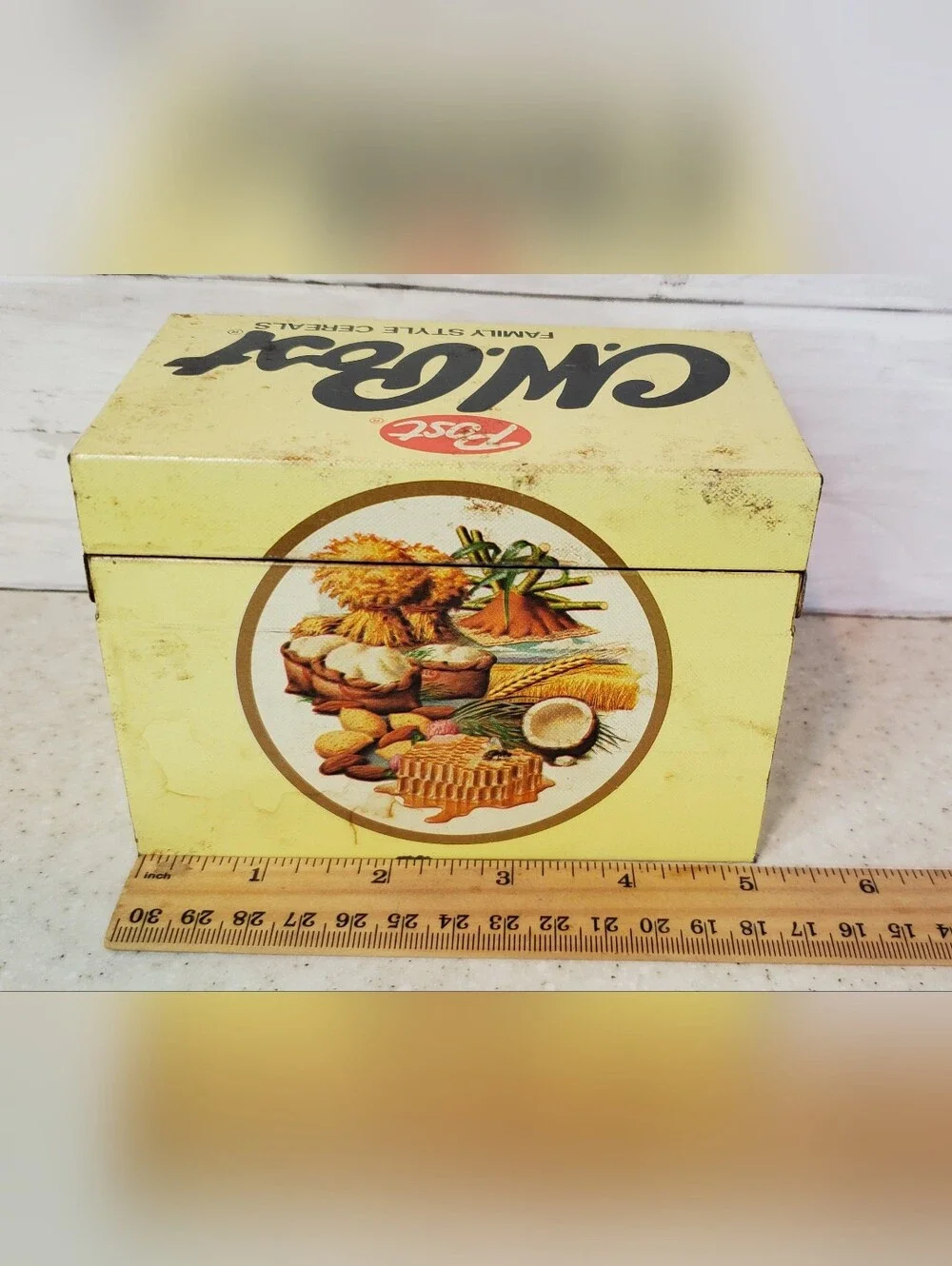 Vintage C.W. Post Family Style Cereals Metal Recipe Box MCM Kitchen Tin w/ Recip